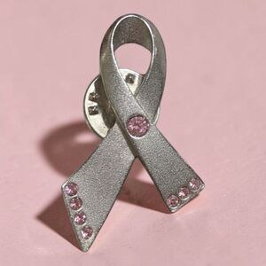 Pink Ribbon Breast Cancer Awareness Pin Silver Tone Rhinestone Brooch Survivor